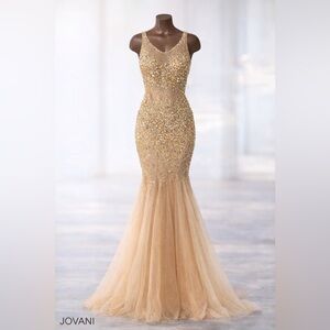 Jovani Gold & Nude Sequin Open-Back Mermaid Gown | NWT, Size 4